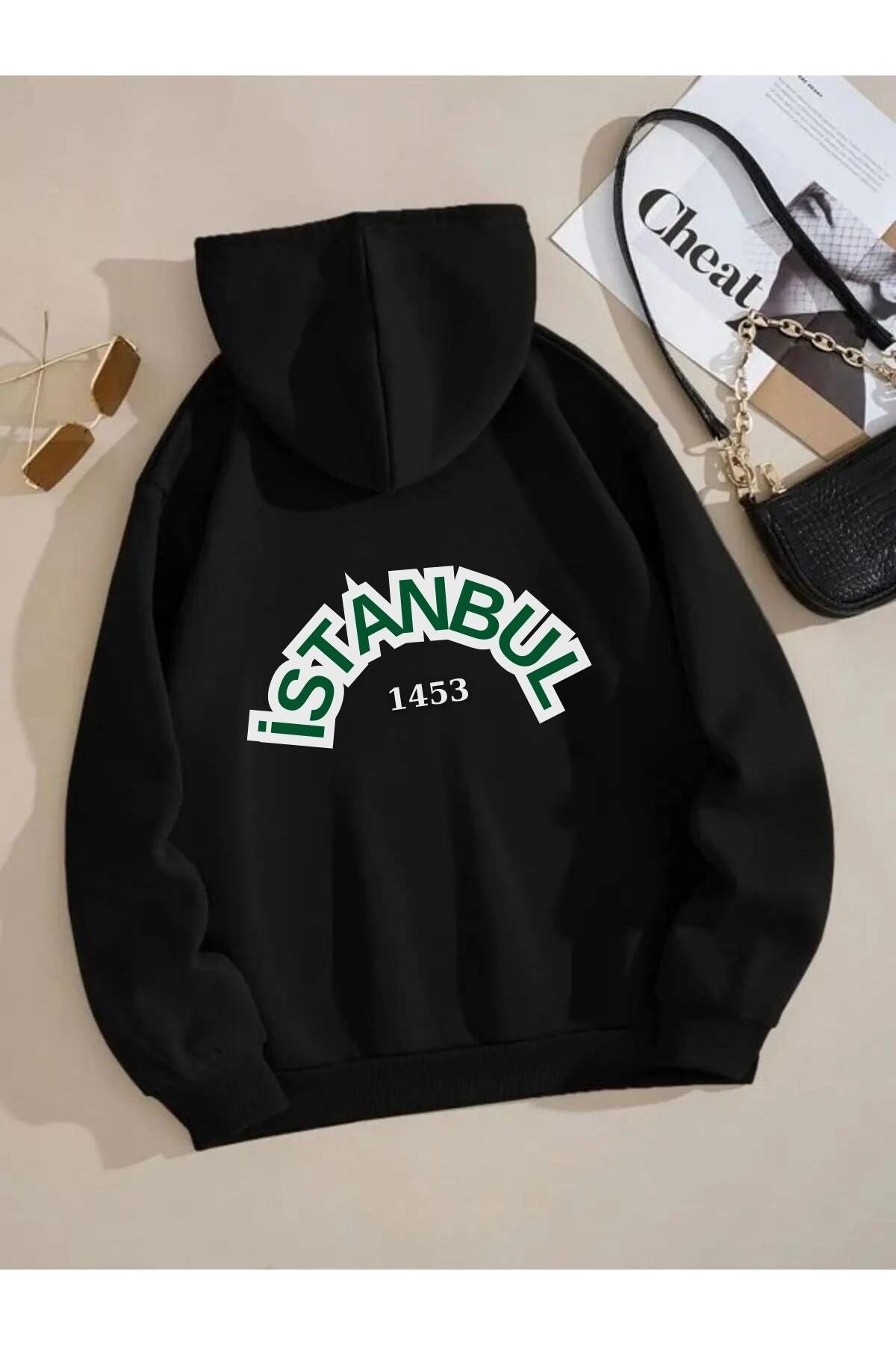 "Arka Yüzünde 'İstanbul 1453' Yazılı Unisex Kapüşonlu Sweatshirt"