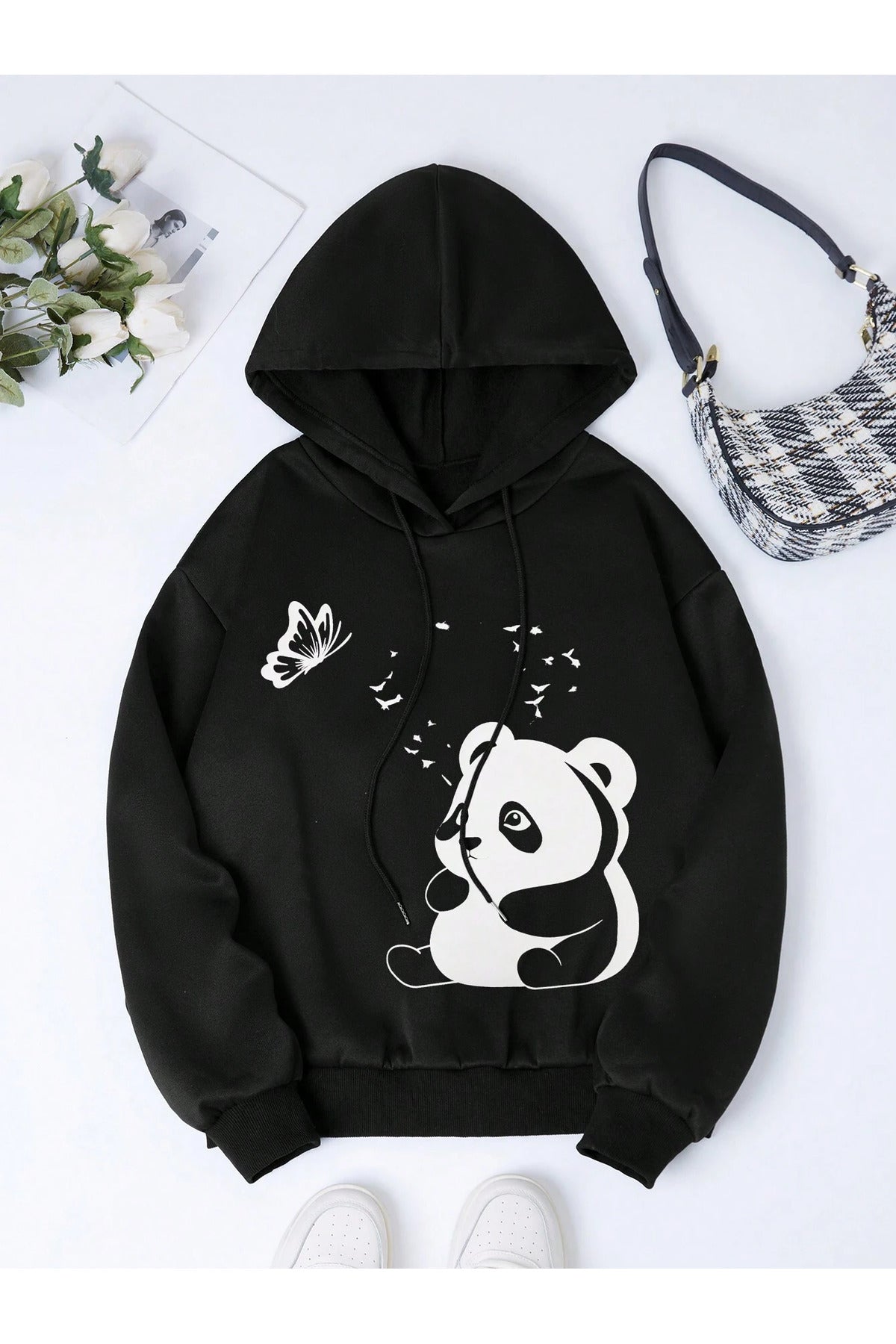 "Panda ve Kelebek" Baskılı Unisex Kapüşonlu Hoodie