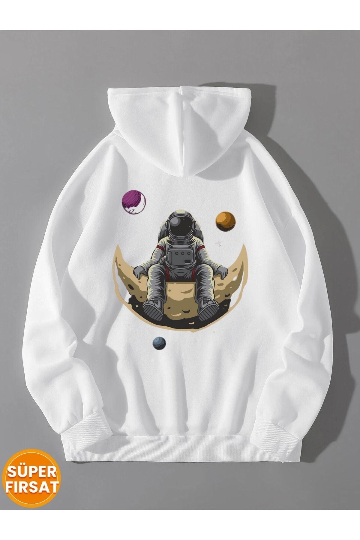Ay Üzerinde Oturan Astronot Baskılı Unisex Kapüşonlu Sweatshirt Hoodie