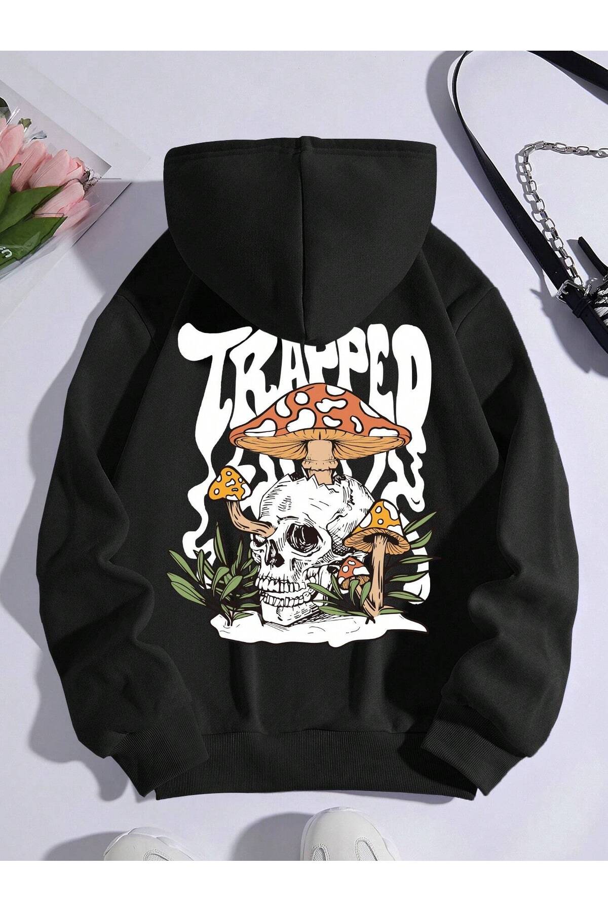 "Psikedelik Harman" Mantar ve Kuru Kafa Triped Baskılı Unisex Kapüşonlu Sweatshirt
