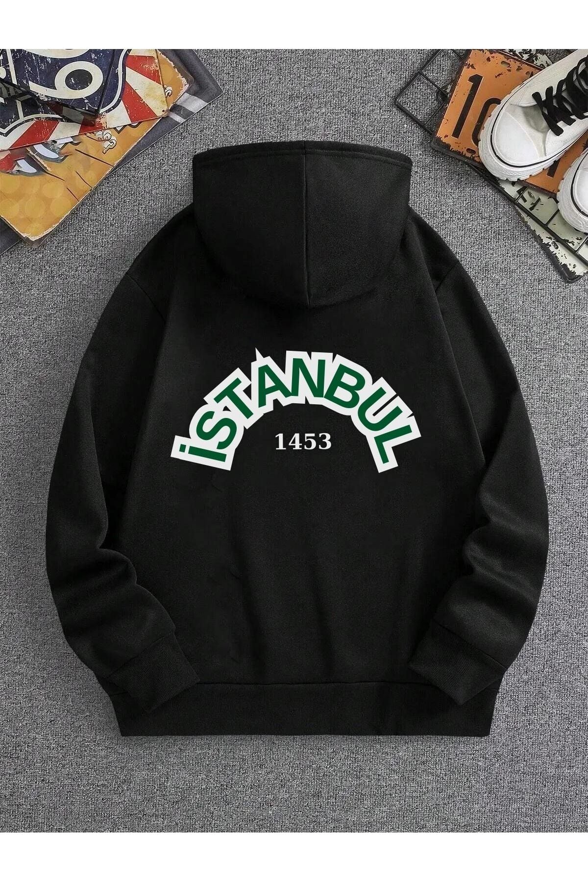 "Arka Yüzünde 'İstanbul 1453' Yazılı Unisex Kapüşonlu Sweatshirt"