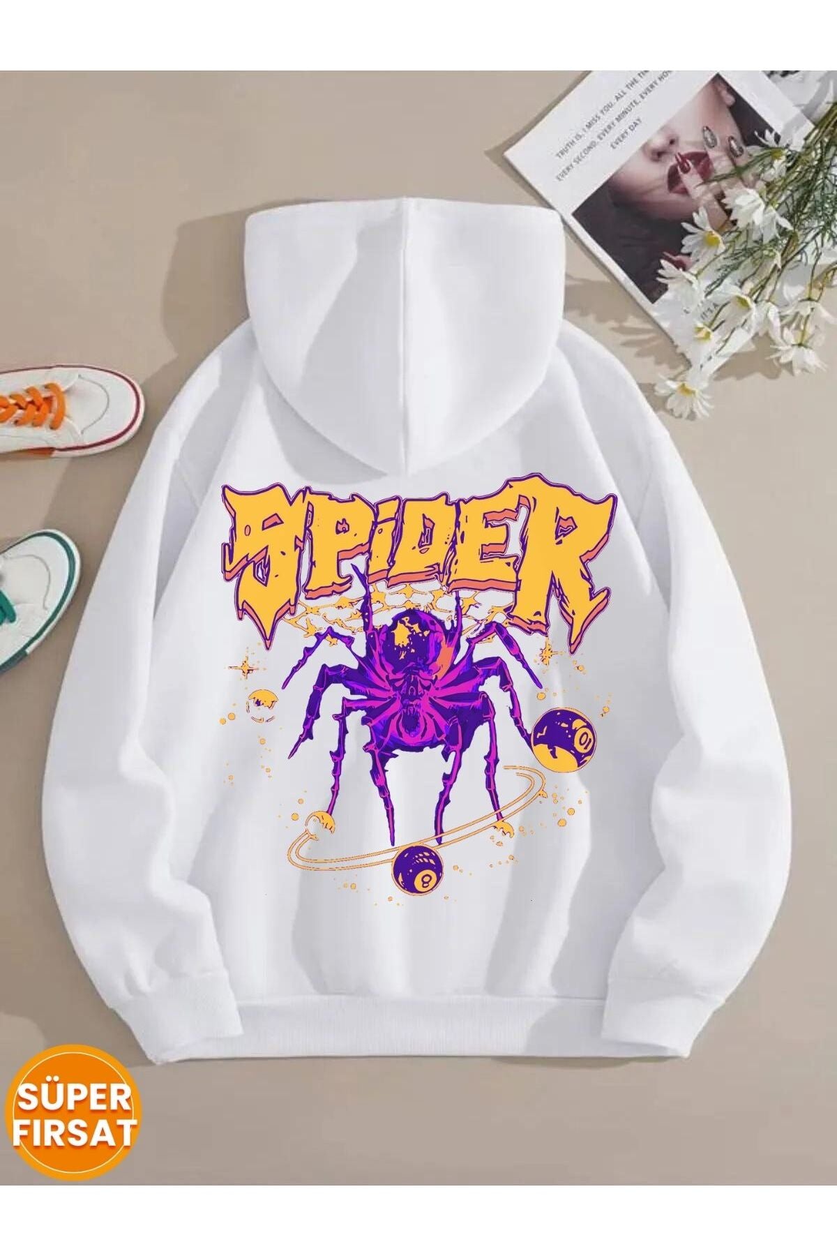 "Örümcek İllüzyonu" Baskılı Unisex Kapüşonlu Sweatshirt
